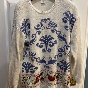 90s Blue and Cream Patterned Knit Sweater